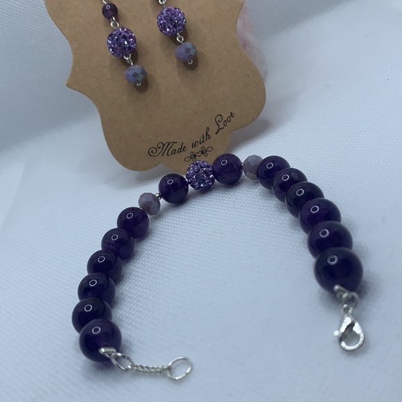 Handmade Amethyst Semiprecious Stone Silver Plated Adjustable Bracelet Earrings - Picture 6 of 6